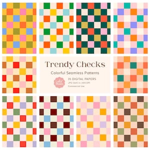 May include: A collection of ten digital paper designs featuring colourful checkerboard patterns. The central text reads Trendy Checks, Colourful Seamless Patterns, 35 DIGITAL PAPERS, JPG 12x12 in | 300 DPI, Commercial Use, and the Lola Moon logo.