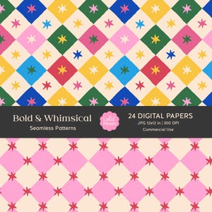 May include: A digital paper set featuring two patterns of diamonds with small stars. The top pattern has multicolored diamonds in blue, green, pink, and yellow. The bottom pattern has pink diamonds on a cream background. Text reads: Bold & Whimsical, 24 DIGITAL PAPERS, JPG 12x12 in | 300 DPI, Commercial Use, Lola Moon.