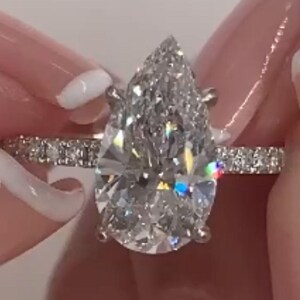 3CT Pear Moissanite Engagement Ring: 14K Gold Hidden Halo, Pave Setting