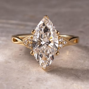3CT Marquise Moissanite Ring Set: Round Diamond Band, 14k Gold Bridal Jewelry