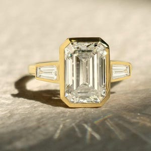 Emerald Cut Moissanite Engagement Ring: 14k Gold Bezel Solitaire