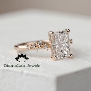 Art Deco 3 CT Elongated Radiant Cut Moissanite Engagement Ring Unique Cluster Wedding Ring Radiant Solitaire Ring Anniversary Gifts/Ring.