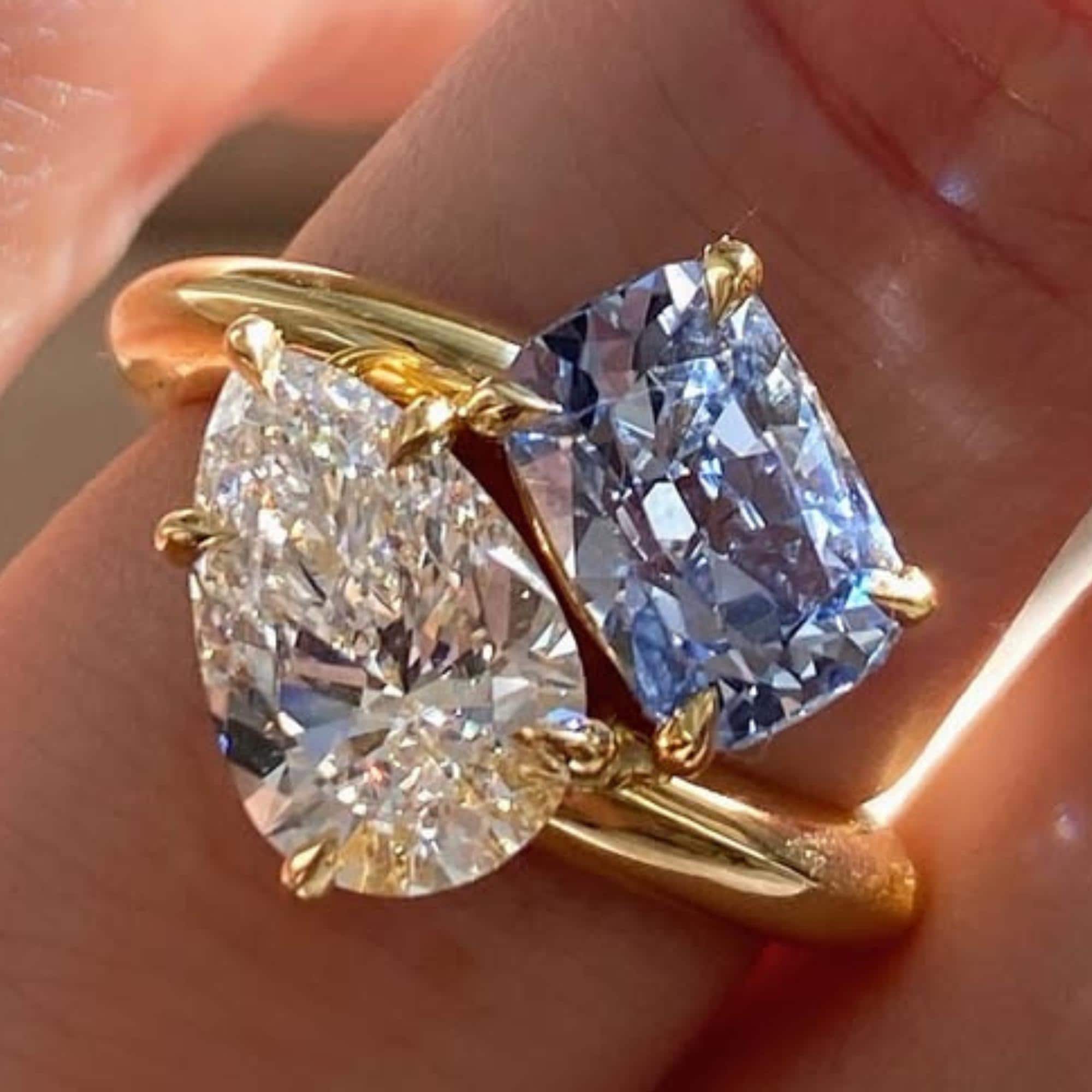 2CT Pear N 1.7CT long cushion Blue Lab Grown Diamond Ring Set, Toi et Moi Ring, 14k Gold Ring, Anniversary Ring, You N Me Ring, Wedding Ring