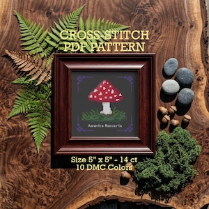 May include: A framed cross-stitch PDF pattern featuring a red and white mushroom design on a black background. The frame is dark brown, and the text "CROSS STITCH PDF PATTERN" is at the top. The text "Amanita Muscaria" is at the bottom. The size is 5" x 5".