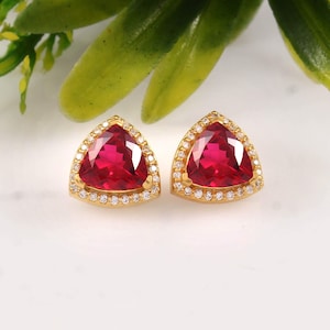 AAA Flawless Mozambique Blood Red Ruby Trillion Cut Gemstone Charm Tops Studs, 8x8 MM 925 Sterling Silver 10k Gold Plated Over