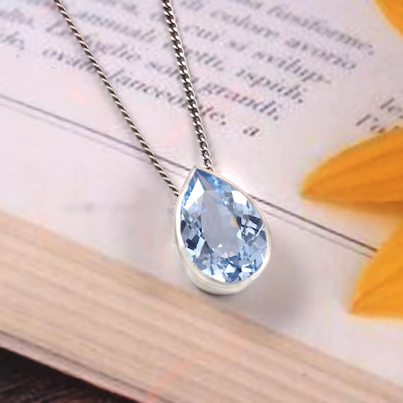 AAA Aquamarine Pear Pendant, 925 Sterling Silver, Anniversary Gift