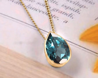 Colgante con dije de piedra preciosa de turmalina azul verdosa indicolita brasileña de 12 x 8 mm, talla pera, plata de ley 925 chapada en oro de 10 k.