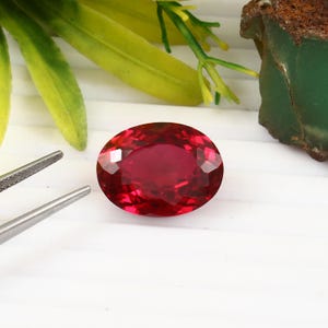 Könnte beinhalten: Ein facettierter, oval geformter, tiefroter Edelstein. Der Edelstein ist der Mittelpunkt, mit einem Brillantschliff, der das Licht reflektiert. Der Hintergrund umfasst grünes und gelbes Laub sowie ein Stück grünen Steins.