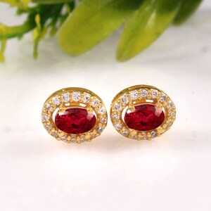 AAA 6x4 MM Flawless Mozambique Blood Red Ruby Oval Cut Gemstone Tops Studs, 925 Sterling Silver 10k Gold Plated Over Engagement Earring,