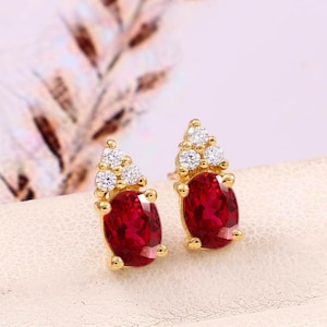 6x4 MM Flawless Mozambique Blood Red Ruby Oval Cut Gemstone Tops Studs, 925 Sterling Silver 10k Gold Plated Over Engagement Earring,