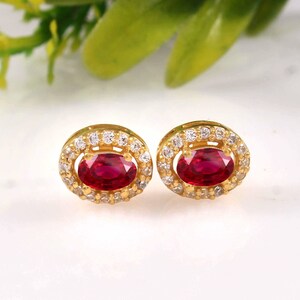 AAA Flawless Mozambique Blood Red Ruby Oval Cut Gemstone Tops Studs, 6x4 MM 925 Sterling Silver 10k Gold Plated Over Engagement Earring,