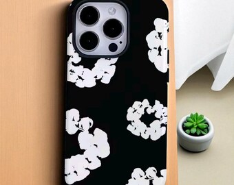 Funda negra para iPhone: Estampado floral minimalista blanco, cubierta protectora mate