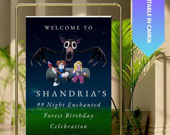Editable 99 Nights in the Forest Welcome Sign | Roblox and Boho Woodland Birthday Canva Template | Easy Printable for Busy Moms