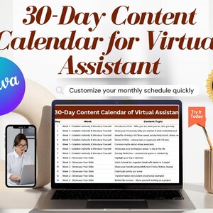 May include: A laptop displays a 30-Day Content Calendar for Virtual Assistants. A smartphone shows a woman on a video call. The image includes a Canva logo, a "Best Price" badge, and paintbrushes in a beige cup. The text reads "30-Day Content Calendar for Virtual Assistant."