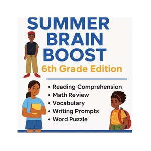 Peut inclure: Une image colorée faisant la promotion de "Summer Brain Boost" pour la 6e année. L'image présente des illustrations d'enfants et énumère des sujets éducatifs tels que la compréhension de la lecture et le vocabulaire. Le texte est en bleu et orange.