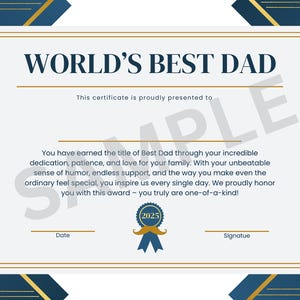 Printable Father&#39;s Day Certificate  | Best Dad Award | Funny & Cute Gift | Instant Download for Dad