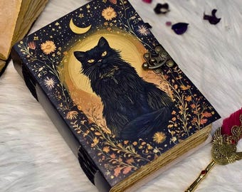 Black Cat Leather Journal | Witchy Moon Diary with Lock
