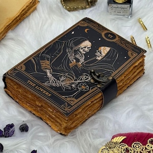 The Lovers Tarot Leather Journal – Handmade gothic notebook with antique lock & unlined craft pages for writing, sketching, or spell work