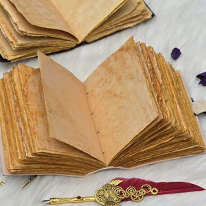 May include: Open, aged-looking journal with thick, textured pages. The pages are a warm, yellowish-brown color. A decorative pen with a red and gold design is in the foreground. Another journal is visible in the background.