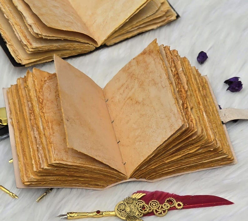 May include: Open, aged-looking journal with thick, textured pages. The pages are a warm, yellowish-brown color. A decorative pen with a red and gold design is in the foreground. Another journal is visible in the background.