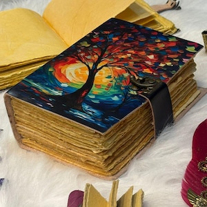 Handmade Sunset Leather Journal with Lock | Tree of Life Diary | Vintage Grimoire, Sketchbook & Notebook – Multiple Sizes