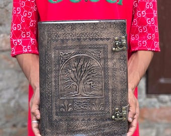 Tree of Life Leather Journal | Embossed Handmade Sketchbook with Brass Lock