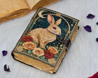 Bunny Rabbit journal - 400 Pages Leather Grimoire with Vintage Lock Notebook Moonlit book
