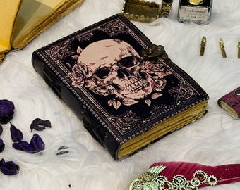 Skull & Roses Leather Journal, Gothic Grimoire Book of Shadows