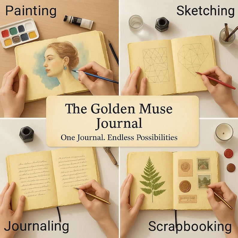 Puede incluir: Imagen de varios paneles que muestra "The Golden Muse Journal". El diario se utiliza para pintar, dibujar, escribir un diario y hacer scrapbooking. La imagen incluye una paleta de acuarelas, frascos de tinta, l&aacute;pices y sellos. El texto dice "One Journal. Endless Possibilities."