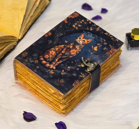 Handmade Leather Cat Journal – Floral Art, Deckle Edge Pages