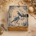 May include: A rectangular journal with a cream-colored cover featuring a blue floral border and two birds perched on a branch. The journal has a brass-colored metal latch on the right side and thick, deckled-edge pages that appear aged and yellowed.