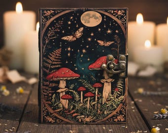 Zauberhaftes Grimoire aus Pilzleder: Handgemachtes Buch der Schatten, mit Vintage Büttenpapier