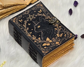 Black Cat Grimoire | Gothic Leather Book of Shadows with Lock