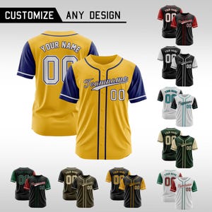 May include: Yellow and navy blue baseball jersey with the text "Teamname" and the number "00". The jersey is displayed with other baseball jerseys in various colors, including black, red, and green. The text "CUSTOMIZE ANY DESIGN" is at the top.