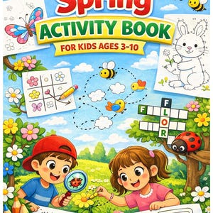 Puede incluir: Un colorido libro de actividades de primavera para niños de 3 a 10 años. La portada presenta el título "Spring Activity Book" con ilustraciones de una mariposa, abejas, un conejo y niños jugando en un jardín. Incluye páginas para colorear, un crucigrama y un laberinto.