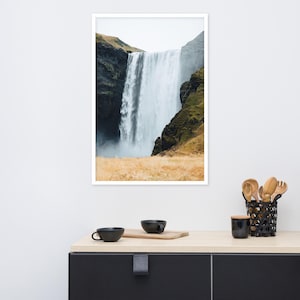 Iceland Skógafoss Waterfall Poster, Framed Photo Paper Wall Art, Nordic Nature Print, Scenic Landscape Decor