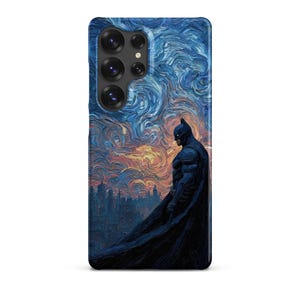 May include: A phone case featuring a stylized image of Batman overlooking a cityscape. The artwork has a swirling, textured appearance with a color palette of blues, oranges, and blacks. The case has a camera array on the top left.