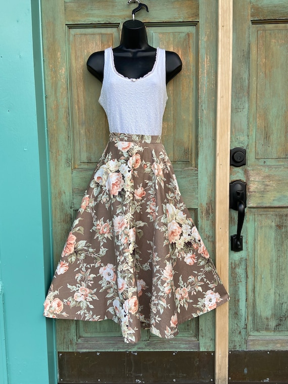 50s Brown, Peach Floral (Almost Circle) Skirt