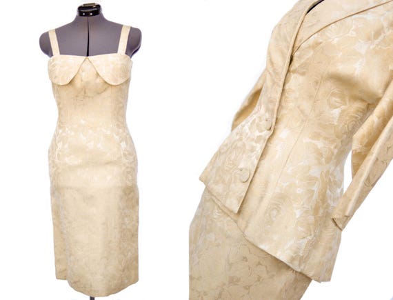 1950s 2 Piece Bone, Gold Lamé Floral Roses Brocade
