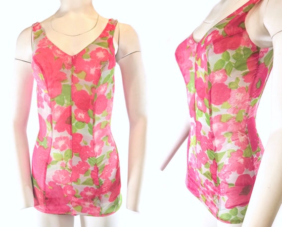 1950s Pink, Rose Green Floral One Piece Swimsuit,