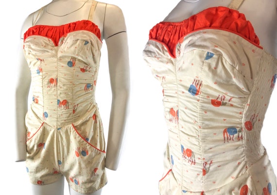 1940s 1-Piece Asian Novelty Play Suit Bathing Suit