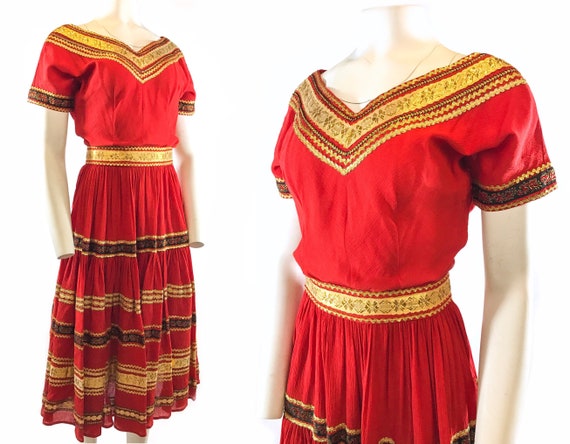 1950s Red Gold Patio Dress