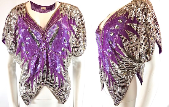 1980s Purple Silver Sequined Butterfly Disco Top