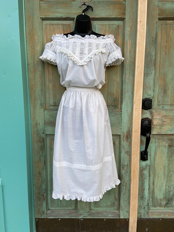 White Cotton 2pc Skirt and Top Set, Victor Costa