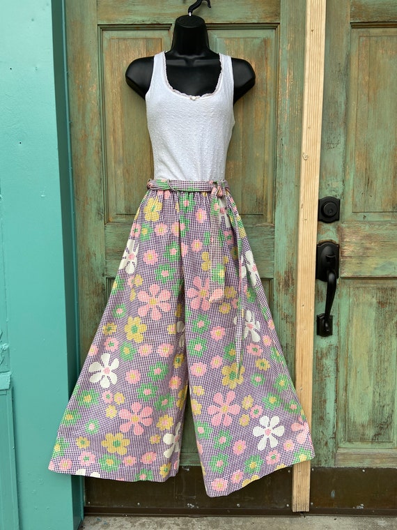 70s Purple Gingham With Pastel Floral Wide Leg Pan