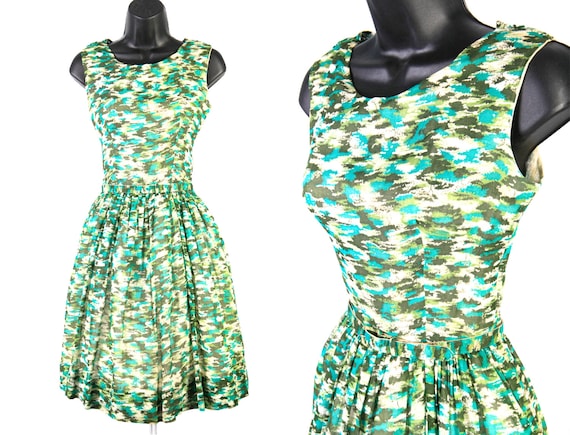 1950s Green, Aquamarine, & Olive Print Sleeveless