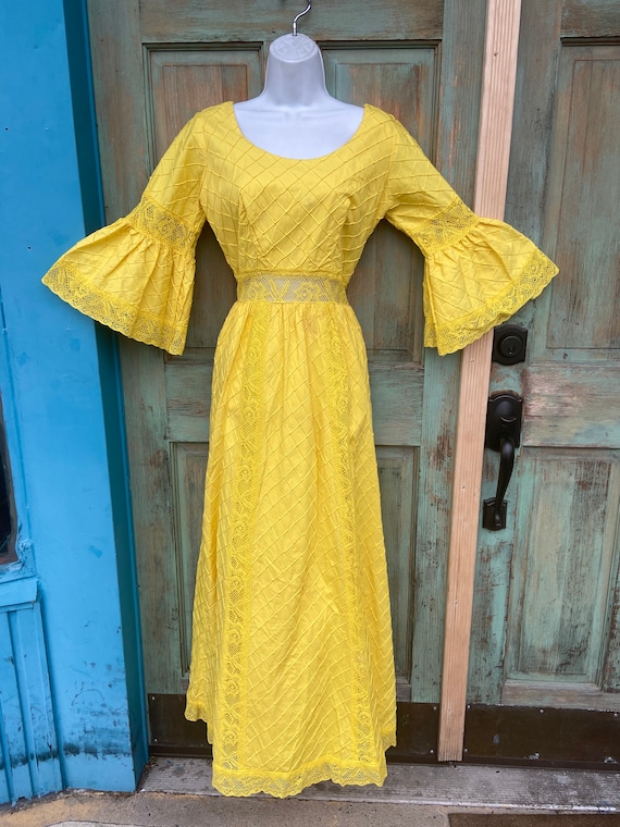 Yellow Pintuck Mexican Wedding DRESS Crochet Peasa