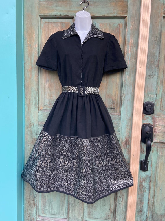1950s Black Silver Lamé Patio Dress