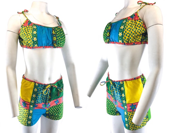 1960s Patchwork Cotton 2 Piece Bathing Suit Bikini