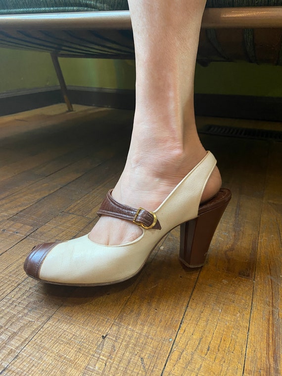 30s Brown White Spectator Peep Toe Slingback Sanda
